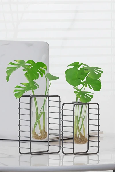 2 li Set Şık Masaüstü Çiçeklik Mini Çiçek Bahçeniz Minimalist Vazo Ve Standı