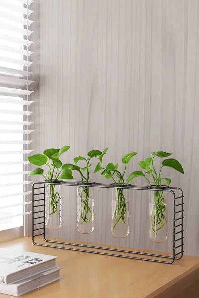 4 Gözlü Siyah Metal Standlı Masaüstü Çiçeklik ve Ofis Çiçekliği Minimal Vazo