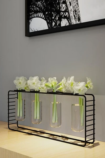 4 Gözlü Siyah Metal Standlı Masaüstü Çiçeklik ve Ofis Çiçekliği Minimal Vazo