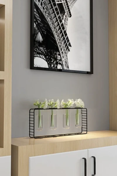 4 Gözlü Siyah Metal Standlı Masaüstü Çiçeklik ve Ofis Çiçekliği Minimal Vazo