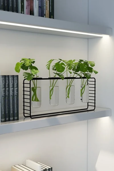 4 Gözlü Siyah Metal Standlı Masaüstü Çiçeklik ve Ofis Çiçekliği Minimal Vazo