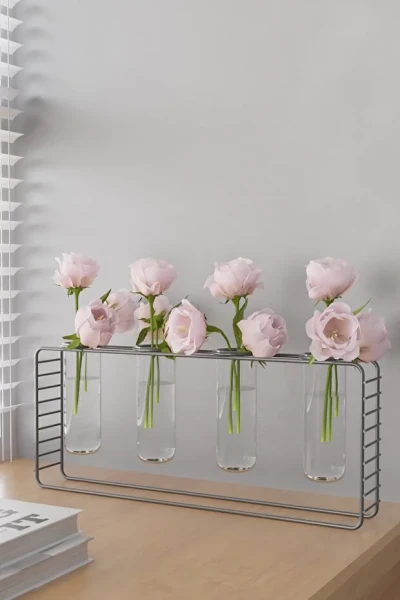 4 Gözlü Siyah Metal Standlı Masaüstü Çiçeklik ve Ofis Çiçekliği Minimal Vazo