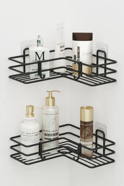 Yapışkanlı 2 Adet Siyah Metal Banyo Köşeliği