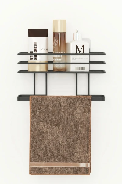 Yapışkanlı Siyah Metal Banyo Rafı ve Havluluk