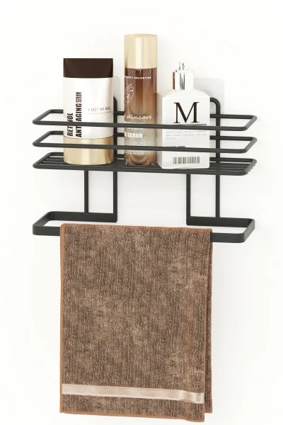 Yapışkanlı Siyah Metal Banyo Rafı ve Havluluk