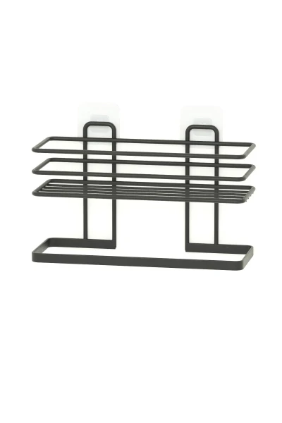 Yapışkanlı Siyah Metal Banyo Rafı ve Havluluk