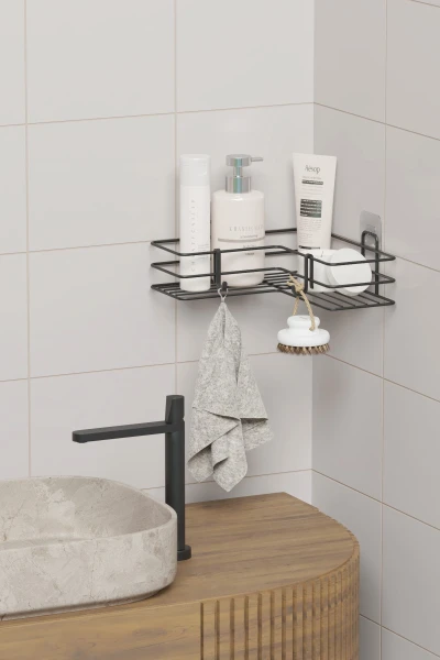 Yapışkanlı Tek Katlı Köşeli Banyo Rafı