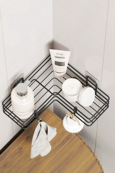 Yapışkanlı Tek Katlı Köşeli Banyo Rafı