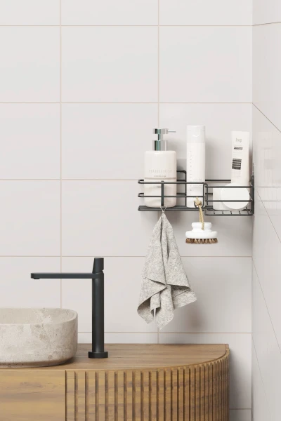 Yapışkanlı Tek Katlı Köşeli Banyo Rafı