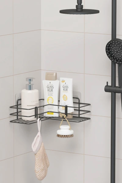Yapışkanlı Tek Katlı Köşeli Banyo Rafı